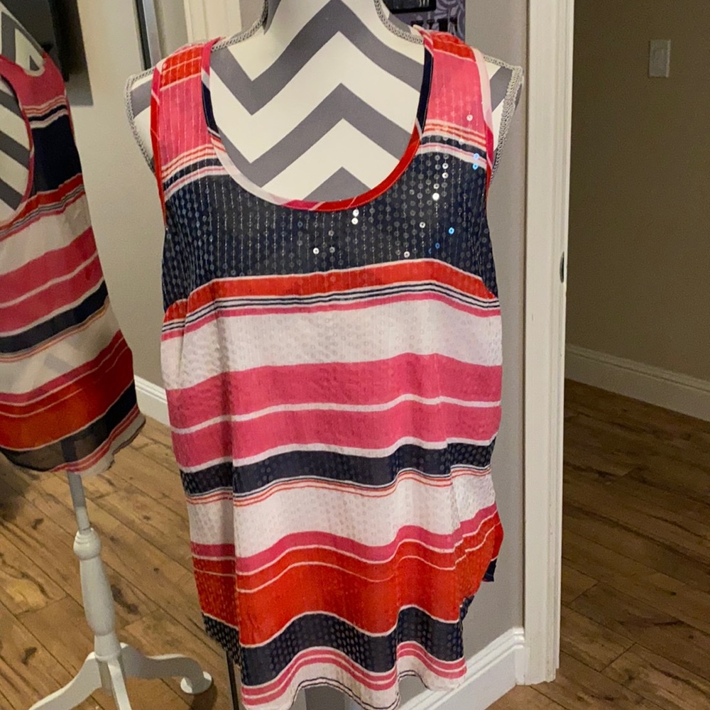 Vince Camuto size M sequined tank style top. Blue, pink, white stripes